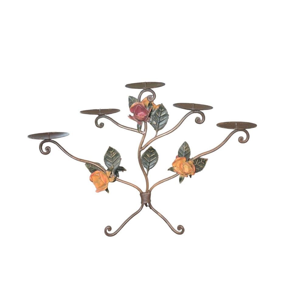 Vintage Metal Toleware Rose Accented 5 Arm‎ Pillar Candle Candelabra 21"X15"X6"